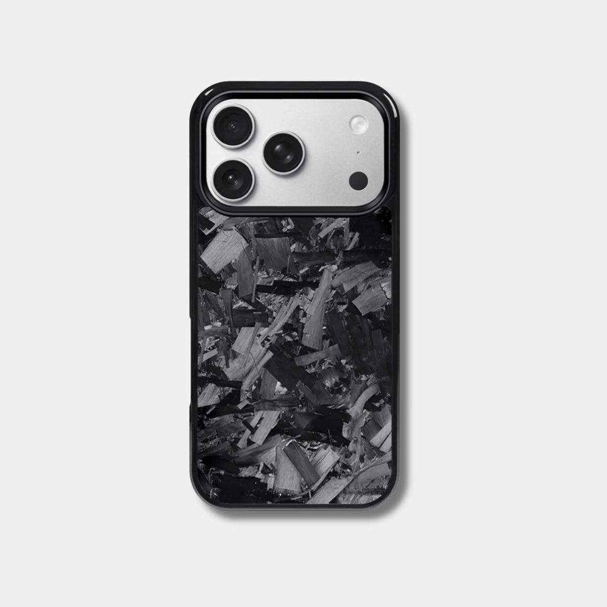 Genuine Forged Carbon Fiber protective case for an iPhone featuring a unique black forged pattern, built-in MagSafe, and precision cutouts.