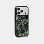 Genuine forged carbon fiber iPhone case by Karbon Technik, featuring vibrant green flakes, protective raised edges, and MagSafe compatibility.