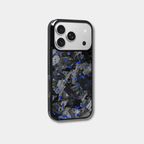 Genuine forged carbon fiber iPhone case by Karbon Technik, featuring vibrant blue flakes, protective raised edges, and MagSafe compatibility.