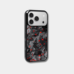 Genuine forged carbon fiber iPhone case by Karbon Technik, featuring vibrant red flakes, protective raised edges, and MagSafe compatibility.
