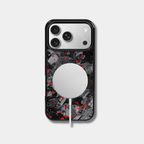 Genuine forged carbon fiber iPhone case by Karbon Technik, featuring vibrant red flakes, protective raised edges, and MagSafe compatibility.