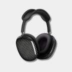 Pair of black Apple AirPods Max with genuine woven carbon fiber earcup covers by Karbon Technik, displaying a classic 3D twill composite finish.
