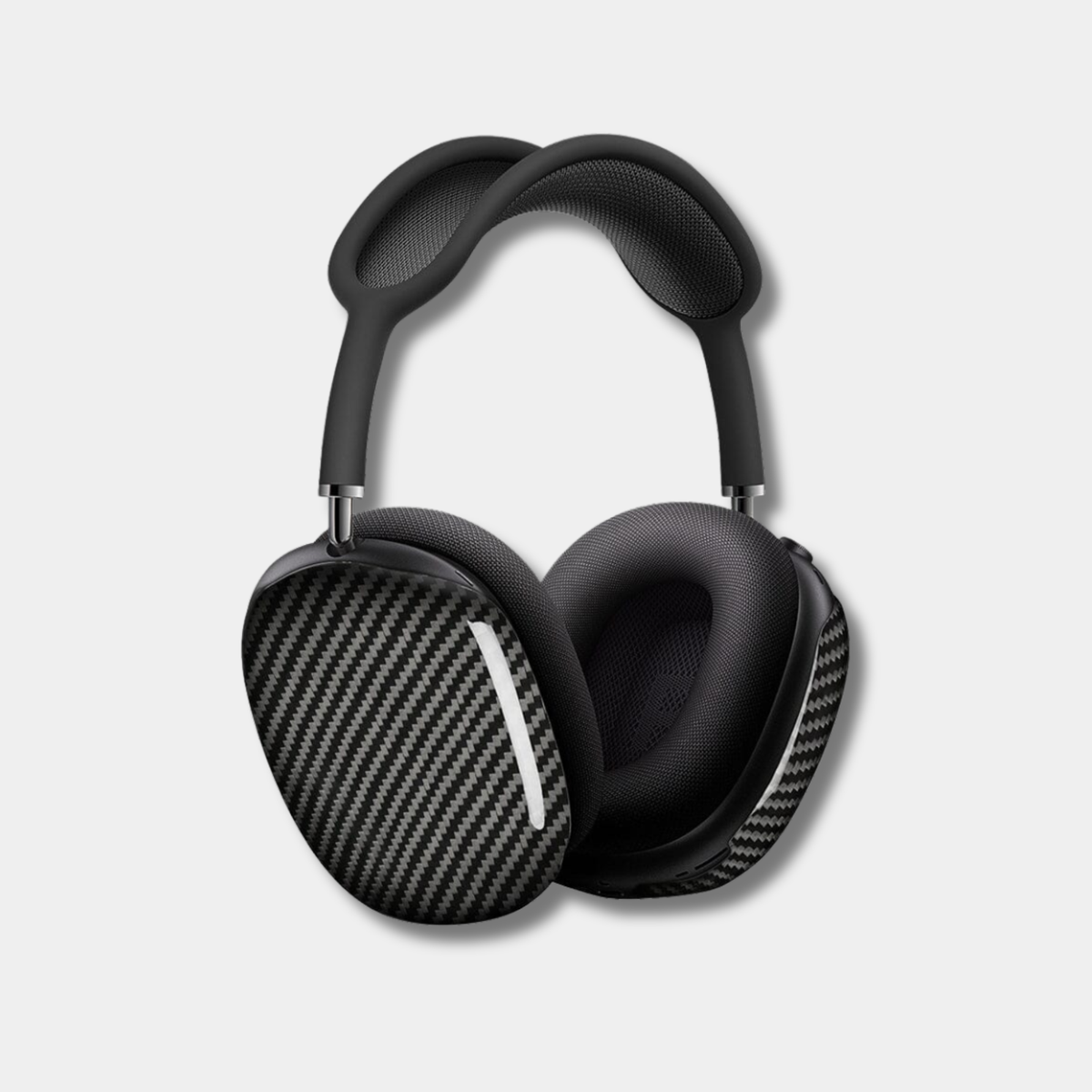 Pair of black Apple AirPods Max with genuine woven carbon fiber earcup covers by Karbon Technik, displaying a classic 3D twill composite finish.