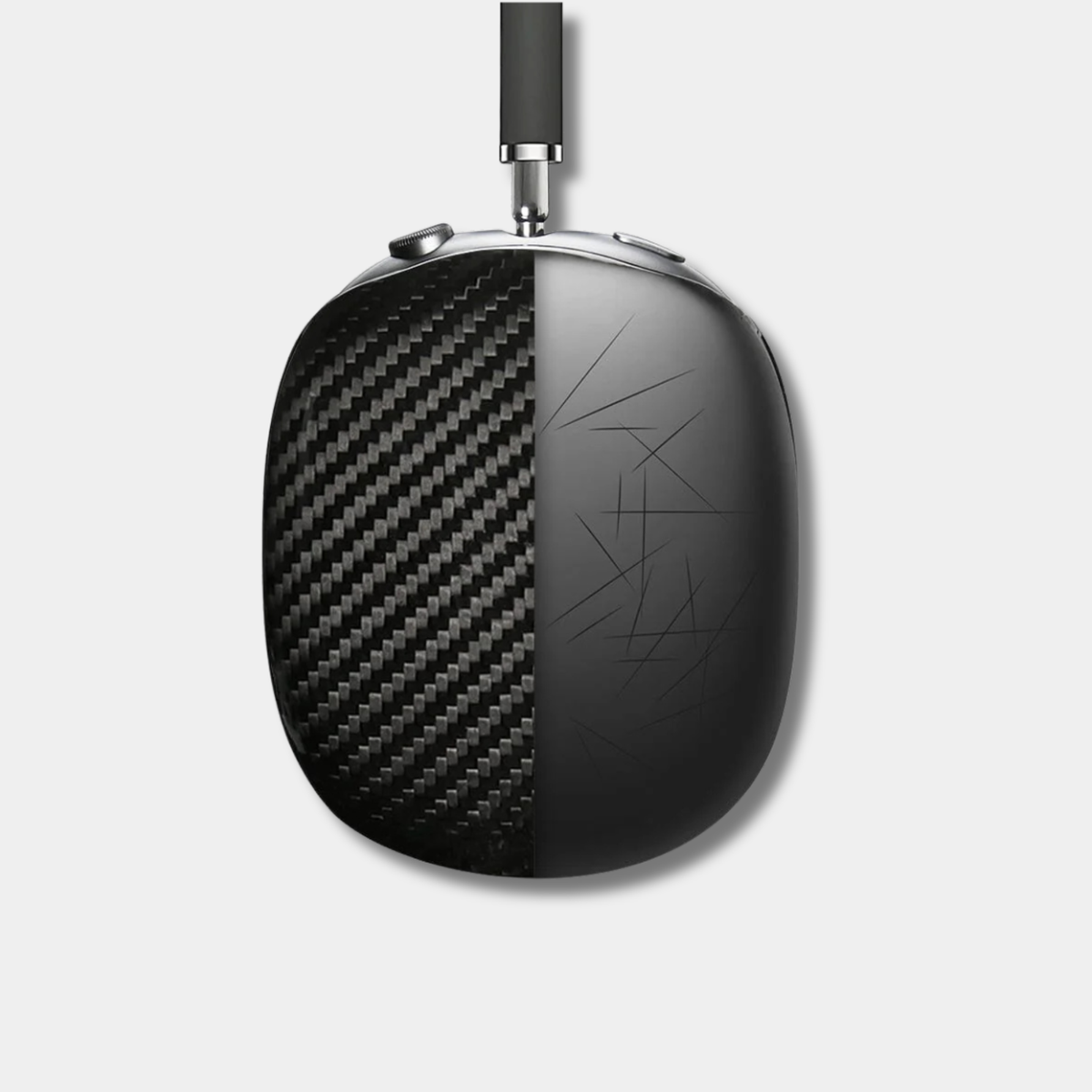 Pair of black Apple AirPods Max with genuine woven carbon fiber earcup covers by Karbon Technik, displaying a classic 3D twill composite finish.