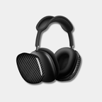 Pair of black Apple AirPods Max with genuine woven carbon fiber earcup covers by Karbon Technik, displaying a classic 3D twill composite finish.