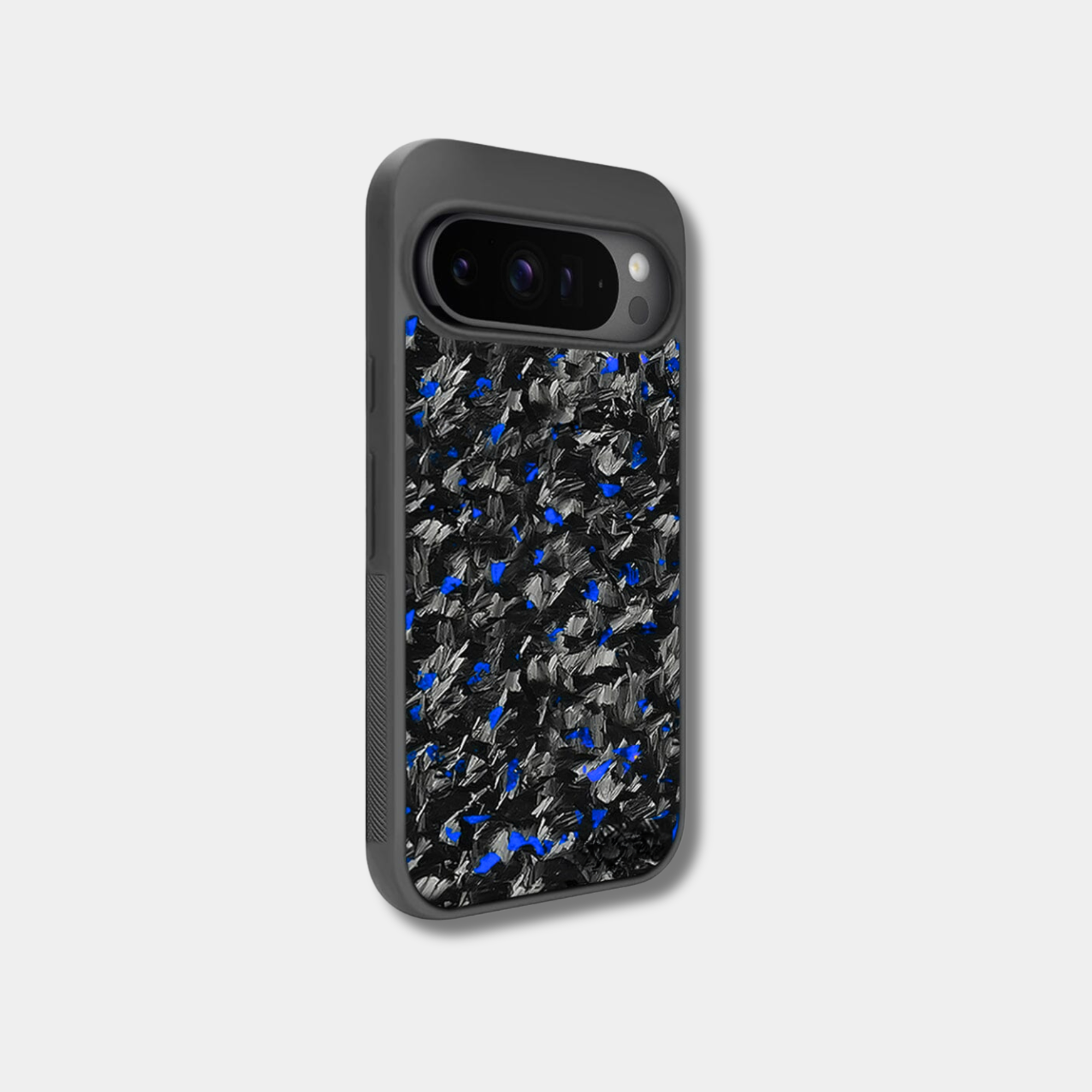Google Pixel case with genuine raw forged carbon fiber featuring blue composite flakes by Karbon Technik.