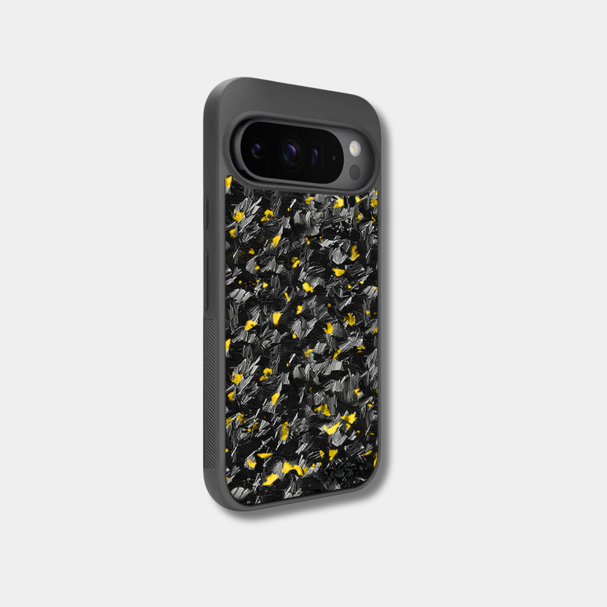 Google Pixel case with genuine raw forged carbon fiber featuring gold composite flakes by Karbon Technik.