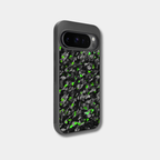 Google Pixel case with genuine raw forged carbon fiber featuring green composite flakes by Karbon Technik.