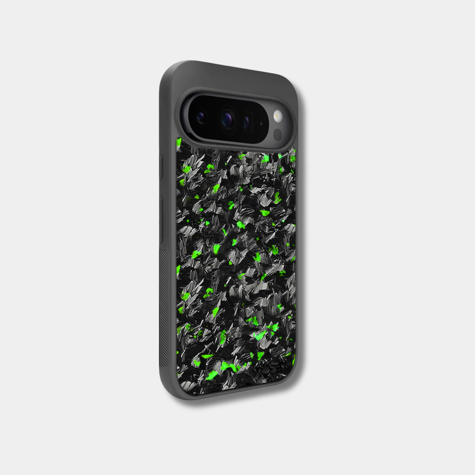 Google Pixel case with genuine raw forged carbon fiber featuring green composite flakes by Karbon Technik.