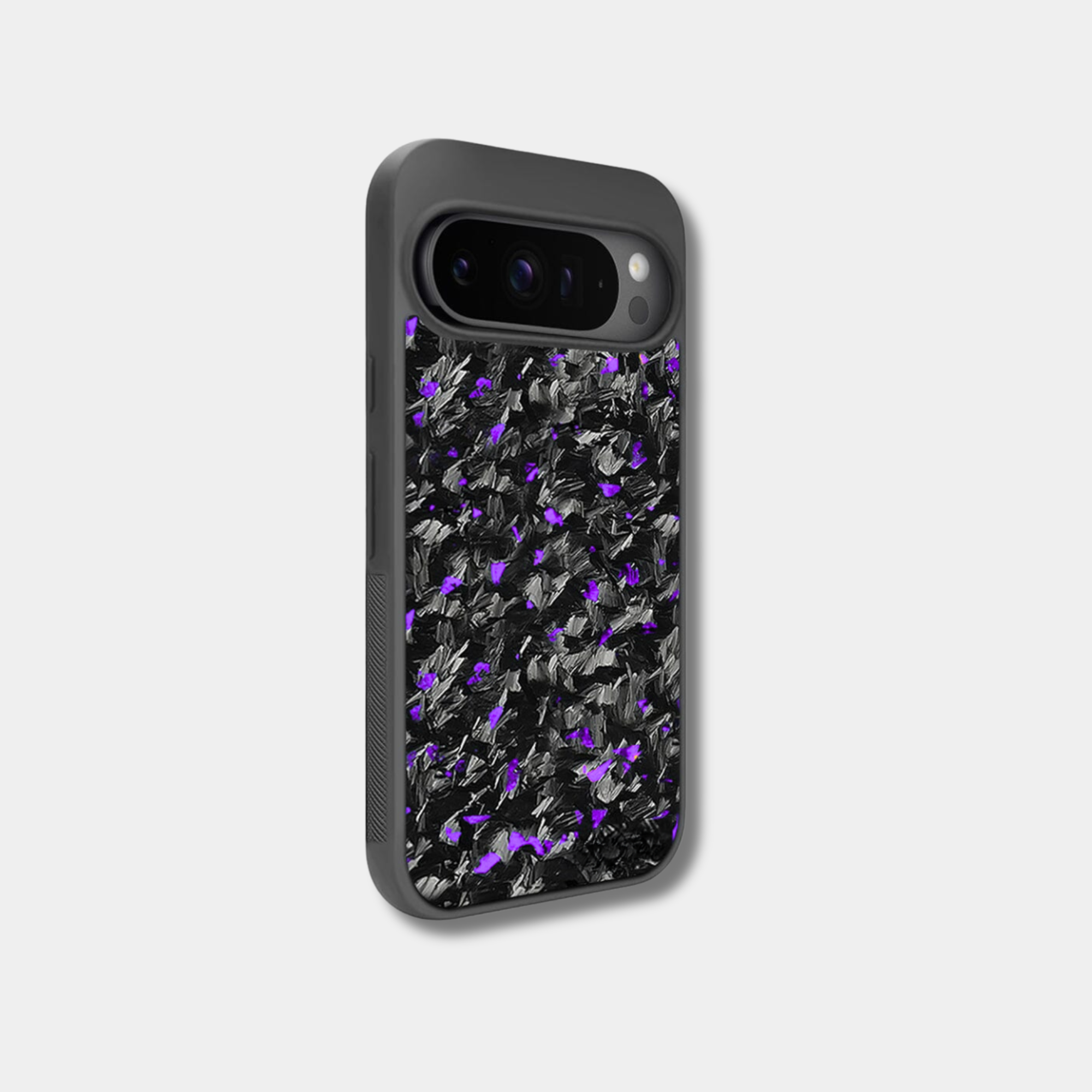 Google Pixel case with genuine raw forged carbon fiber featuring purple composite flakes by Karbon Technik.