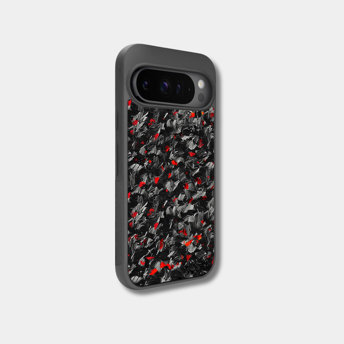 Google Pixel case with genuine raw forged carbon fiber featuring red composite flakes by Karbon Technik.