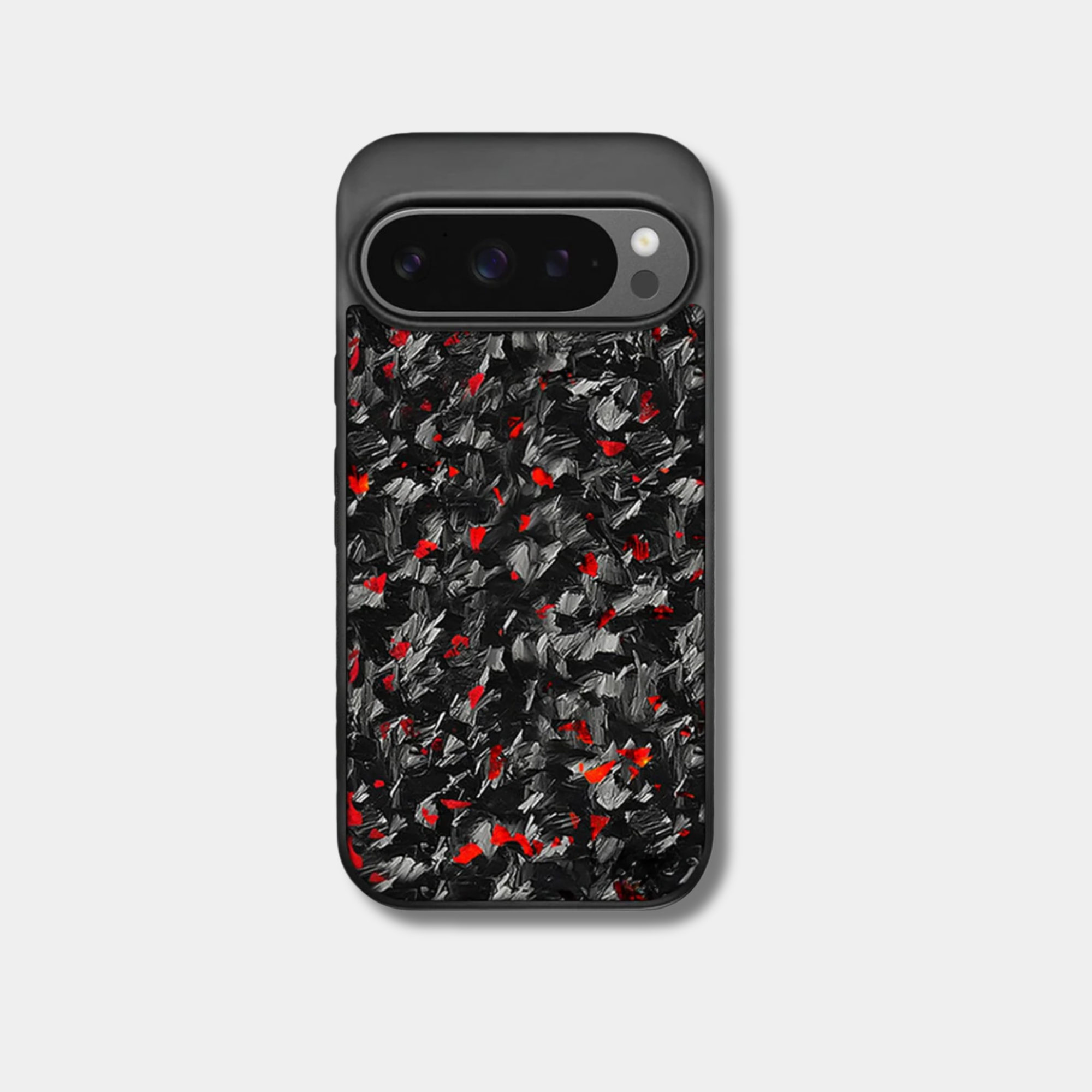 Google Pixel case with genuine raw forged carbon fiber featuring red composite flakes by Karbon Technik.