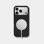Black woven carbon fiber iPhone case by Karbon Technik with raised camera bezel and high-impact protective TPU frame.