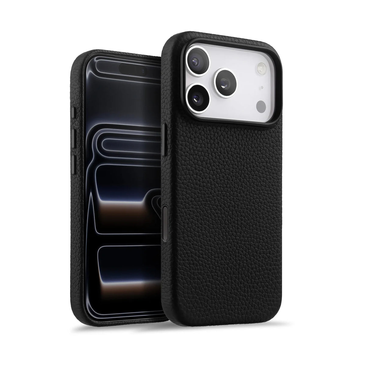 iPhone case in black genuine Italian top-grain leather with textured finish by Karbon Technik.