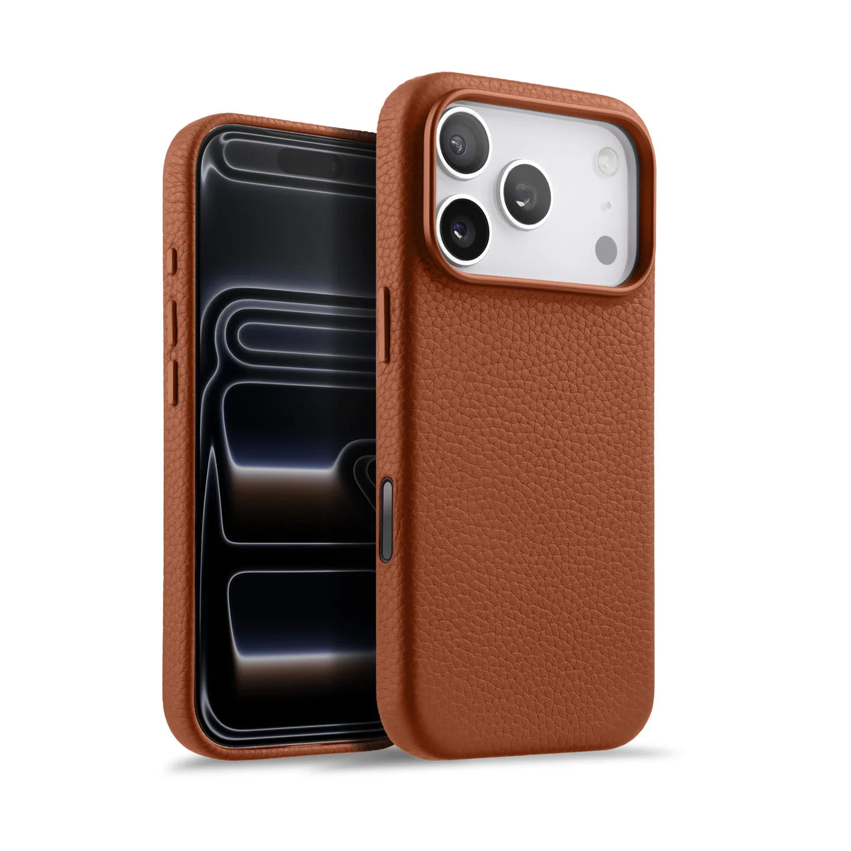 iPhone case in brown genuine Italian top-grain leather with textured finish by Karbon Technik.