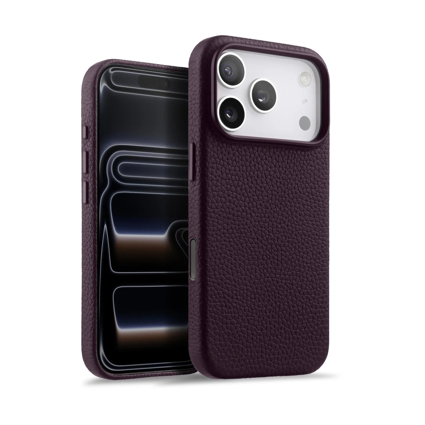 iPhone case in burgundy genuine Italian top-grain leather with textured finish by Karbon Technik.