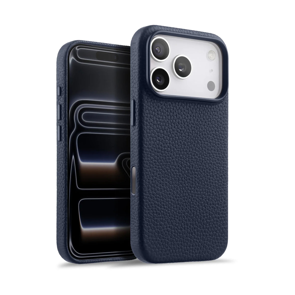 iPhone case in dark blue genuine Italian top-grain leather with textured finish by Karbon Technik.