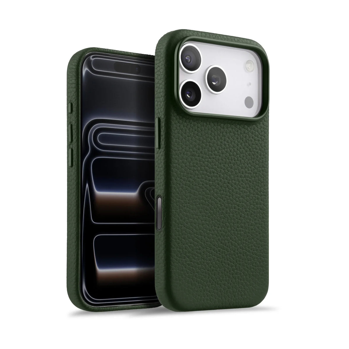 iPhone case in green genuine Italian top-grain leather with textured finish by Karbon Technik.