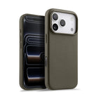 iPhone case in khaki green genuine Italian top-grain leather with textured finish by Karbon Technik.