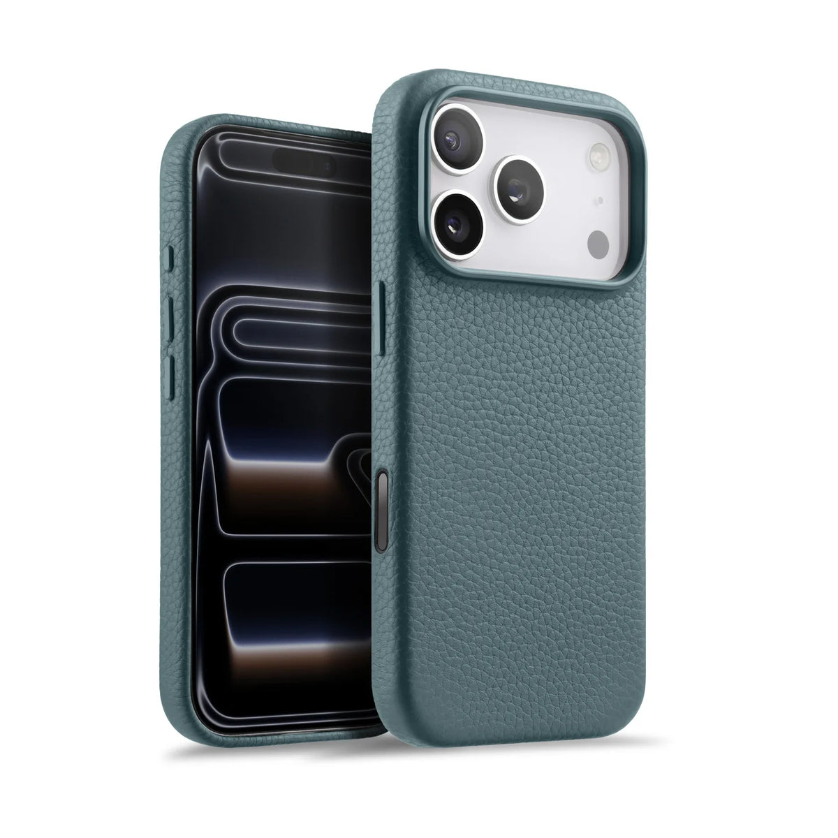 iPhone case in light blue genuine Italian top-grain leather with textured finish by Karbon Technik.