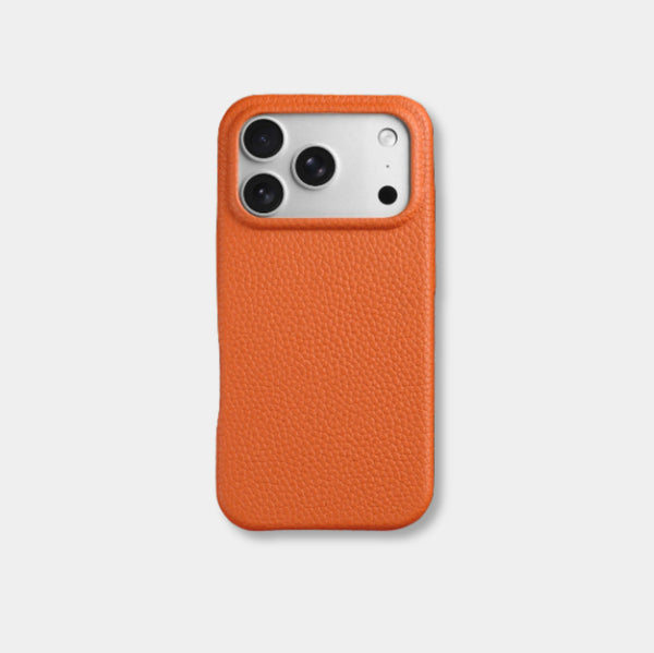 iPhone case in orange genuine Italian top-grain leather with textured finish by Karbon Technik.