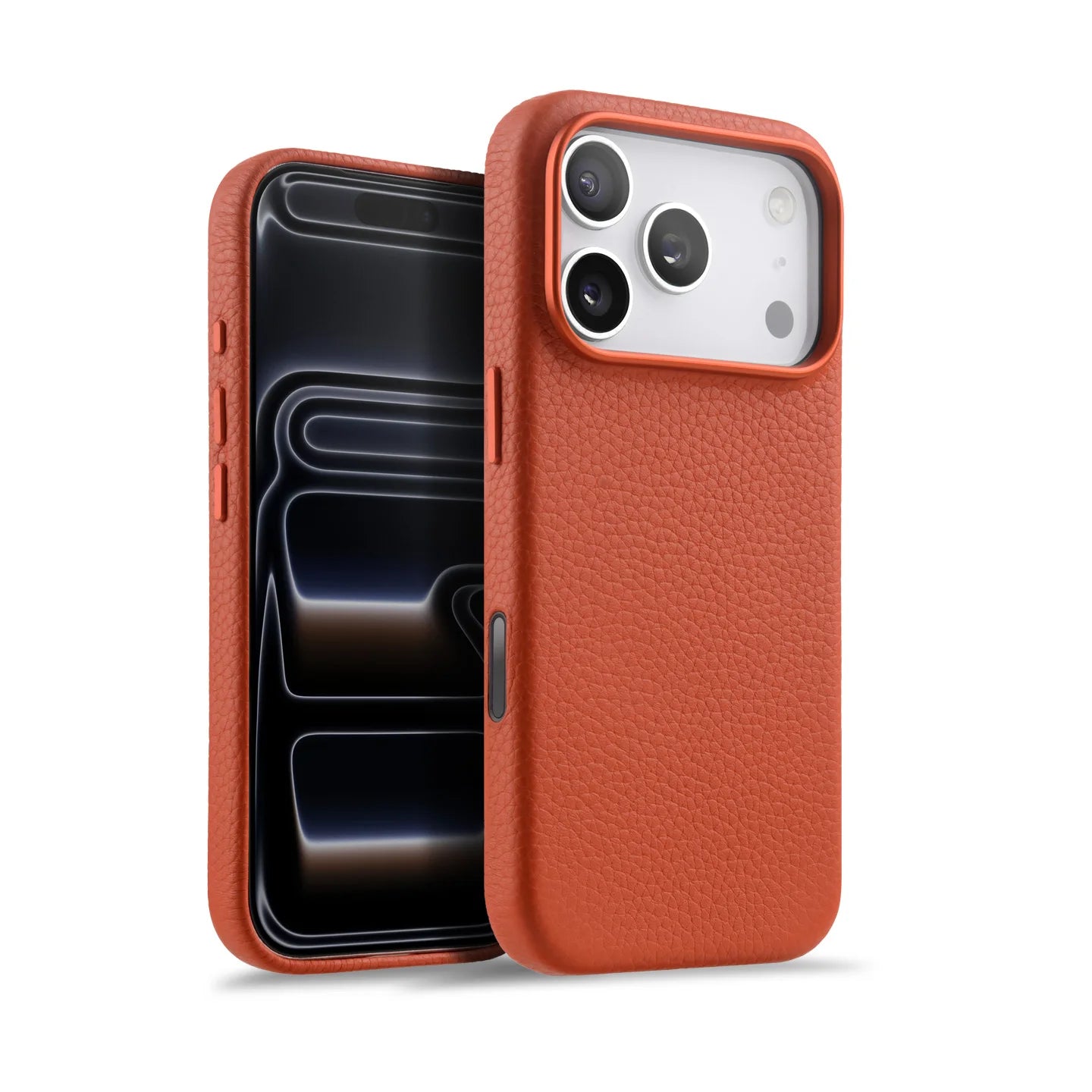 iPhone case in orange genuine Italian top-grain leather with textured finish by Karbon Technik.