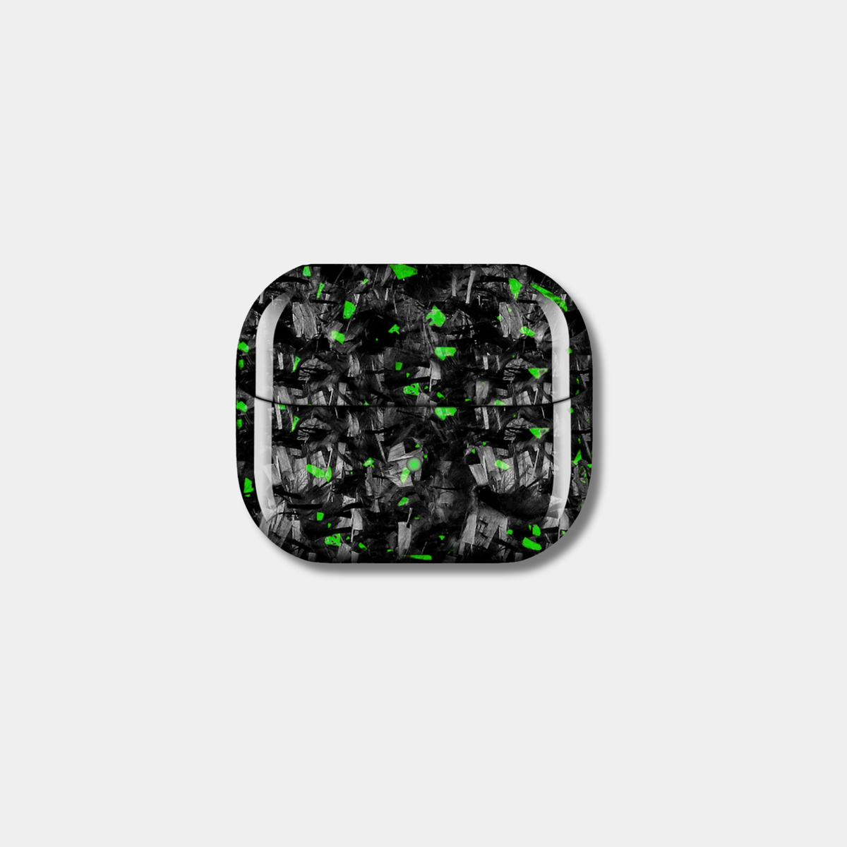 Samsung Galaxy Buds 3 Pro case with genuine raw forged carbon fiber featuring green composite flakes by Karbon Technik.