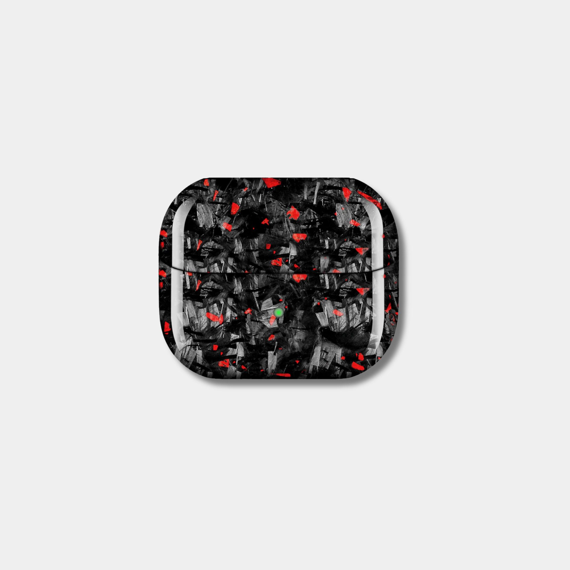 Samsung Galaxy Buds 3 Pro case with genuine raw forged carbon fiber featuring red composite flakes by Karbon Technik.