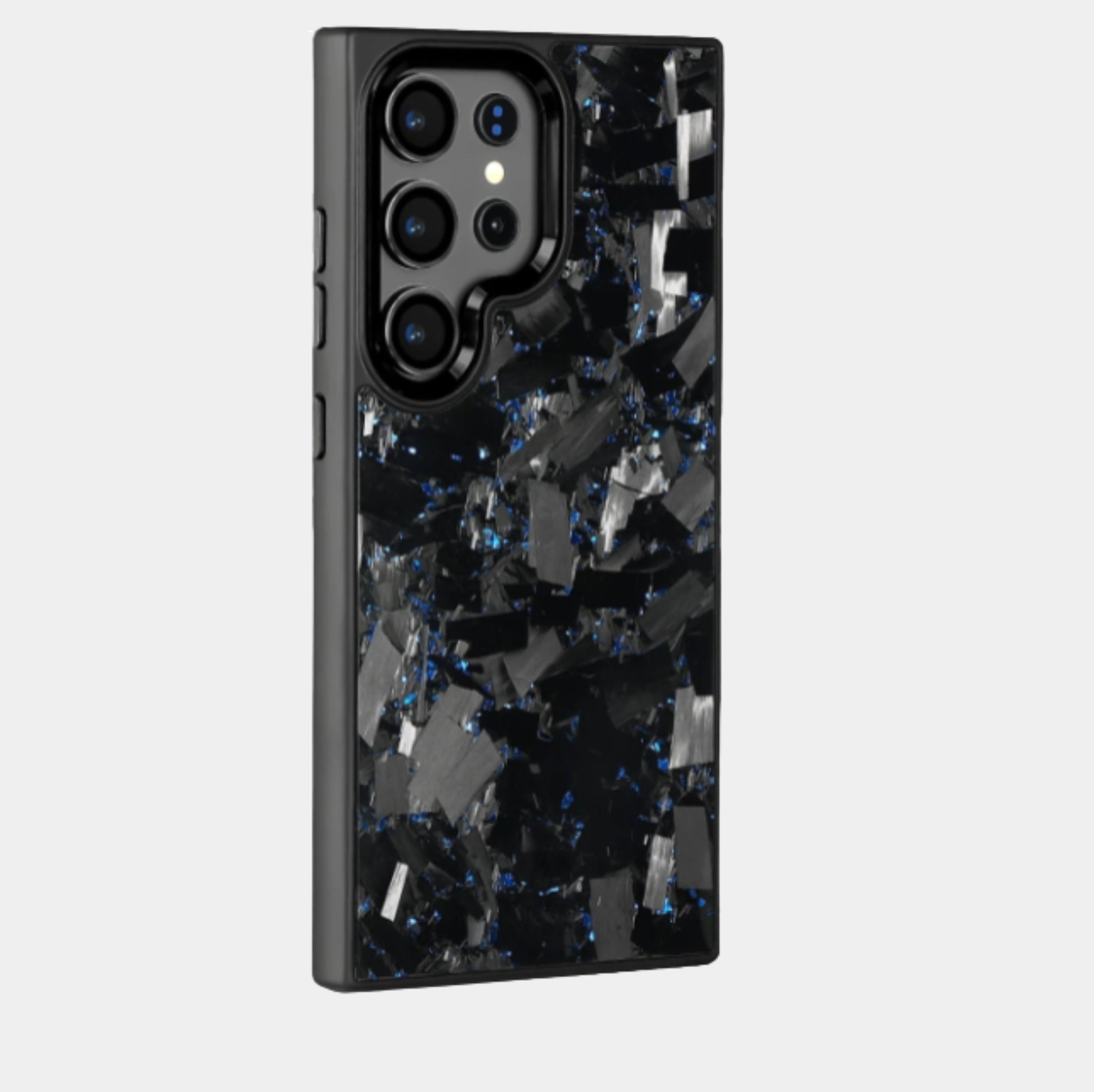 Samsung Galaxy case in black genuine forged carbon fiber with blue metallic flake accents by Karbon Technik.