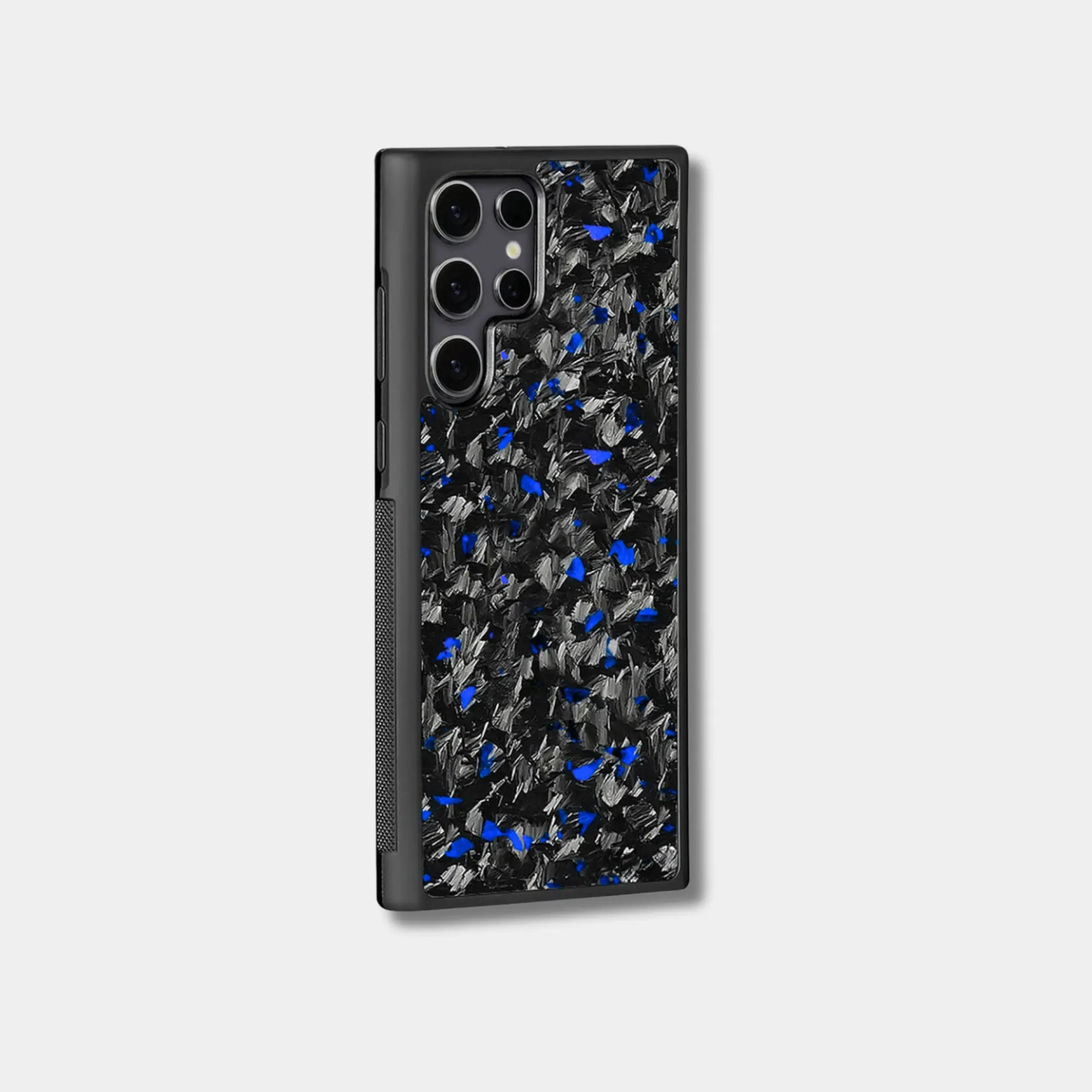 Samsung Galaxy case with genuine raw forged carbon fiber featuring blue composite flakes by Karbon Technik.
