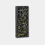 Samsung Galaxy case with genuine raw forged carbon fiber featuring gold 
composite flakes by Karbon Technik.