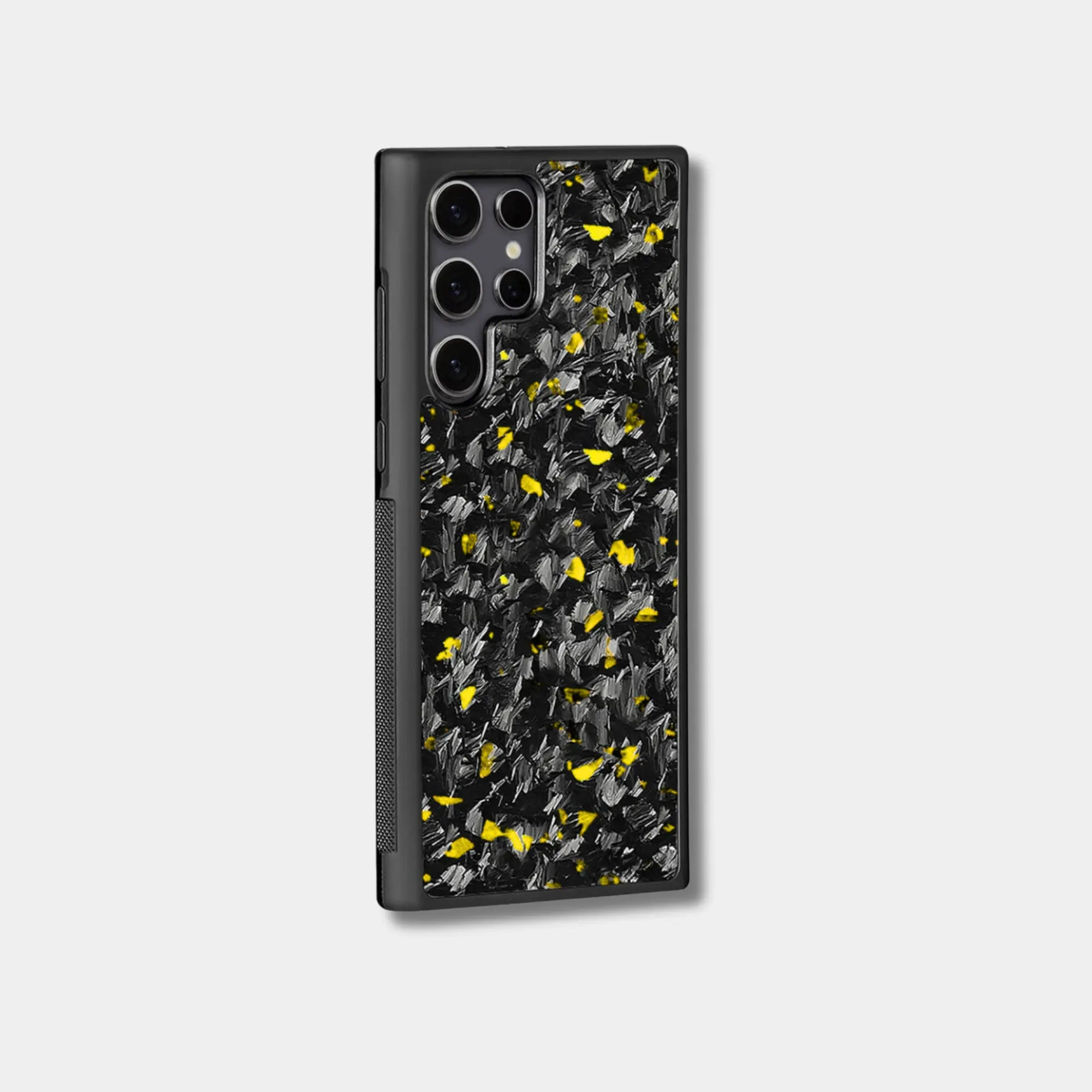 Samsung Galaxy case with genuine raw forged carbon fiber featuring gold 
composite flakes by Karbon Technik.