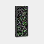 Samsung Galaxy case with genuine raw forged carbon fiber featuring green composite flakes by Karbon Technik.