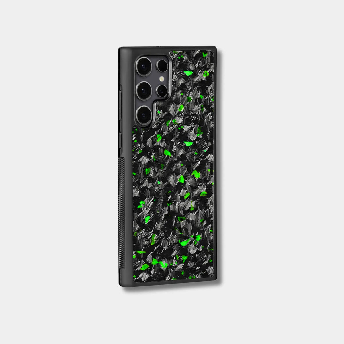 Samsung Galaxy case with genuine raw forged carbon fiber featuring green composite flakes by Karbon Technik.