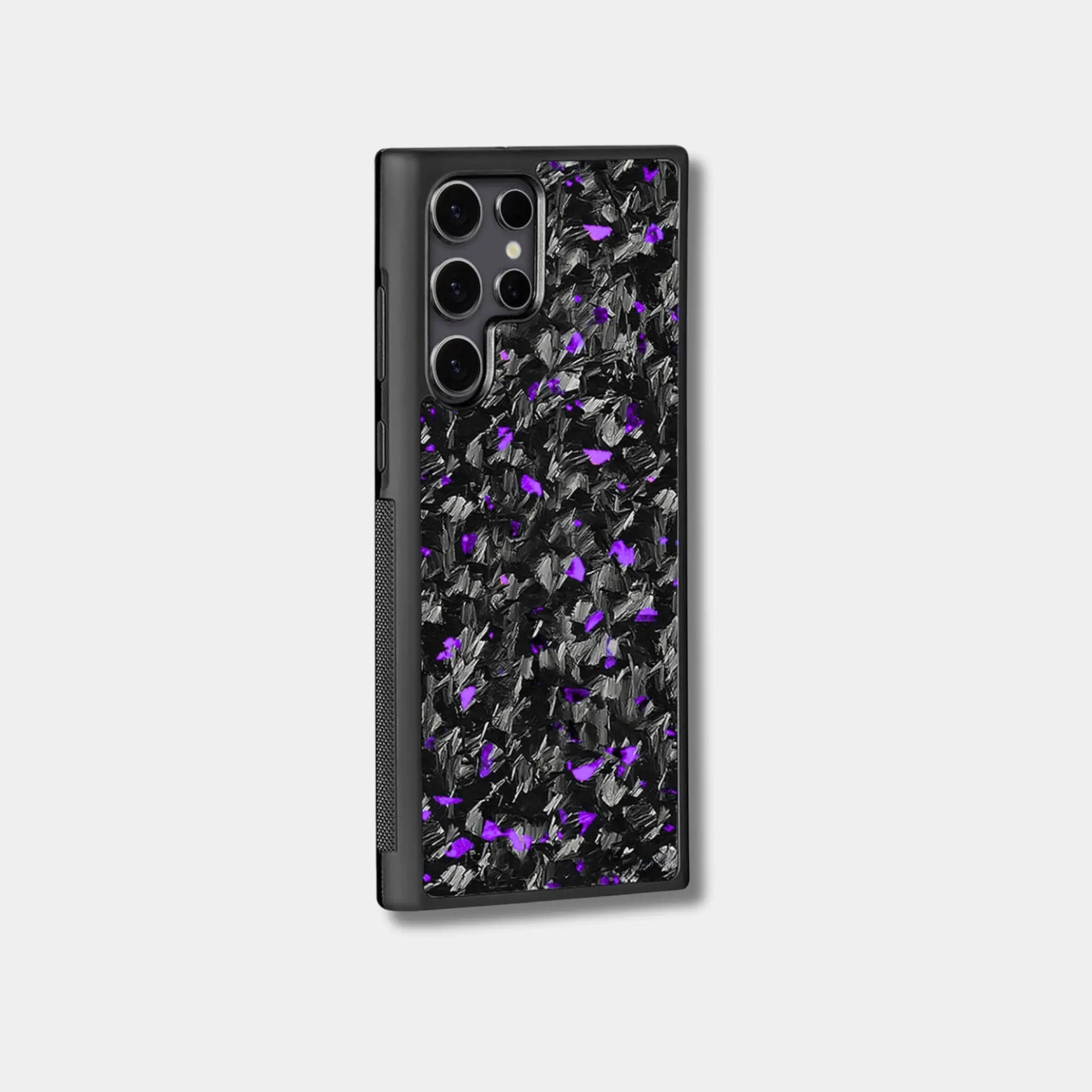 Samsung Galaxy case with genuine raw forged carbon fiber featuring purple composite flakes by Karbon Technik.