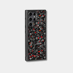 Samsung Galaxy case with genuine raw forged carbon fiber featuring red composite flakes by Karbon Technik.
