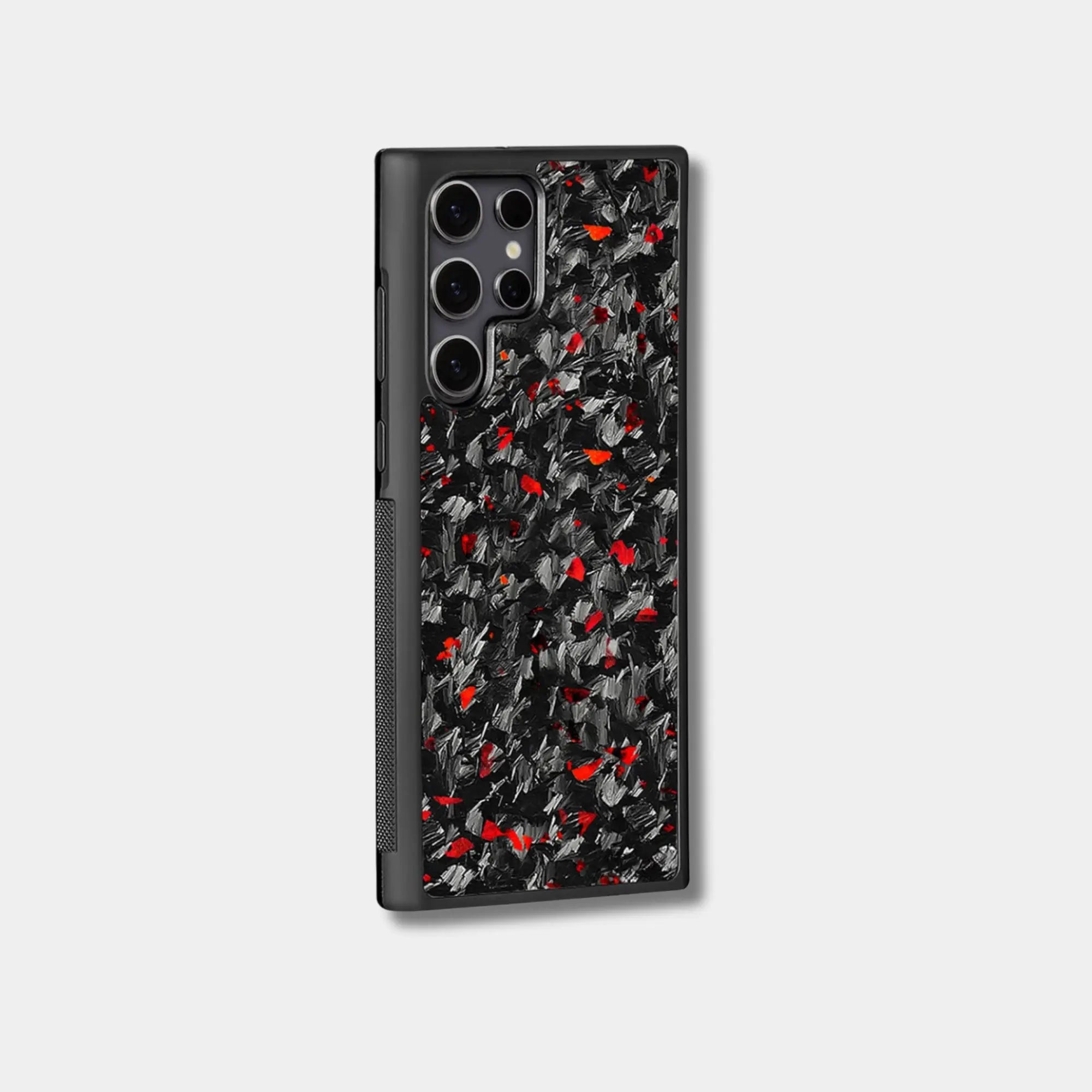 Samsung Galaxy case with genuine raw forged carbon fiber featuring red composite flakes by Karbon Technik.