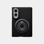 Samsung Galaxy Z Fold 8 case in black 1200D aramid fiber weave with integrated magnetic MagSafe ring stand by Karbon Technik.