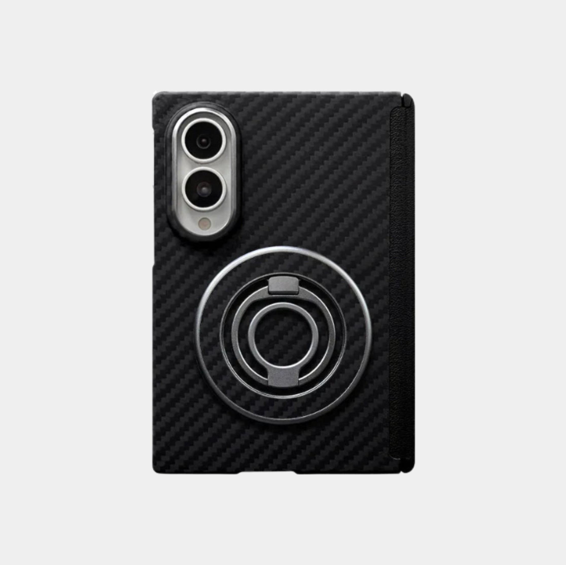 Samsung Galaxy Z Fold 8 case in black 1200D aramid fiber weave with integrated magnetic MagSafe ring stand by Karbon Technik.