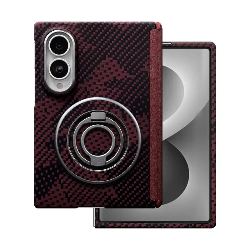 Samsung Galaxy Z Fold 8 case in red camo aramid fiber weave with integrated magnetic MagSafe ring stand by Karbon Technik.