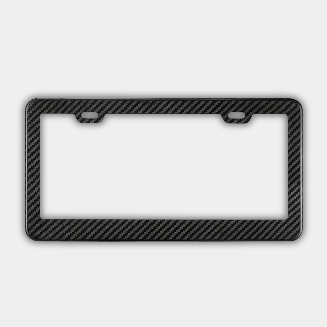 Karbon Technik woven carbon fibre car licence plate frame, front view in black woven carbon finish.