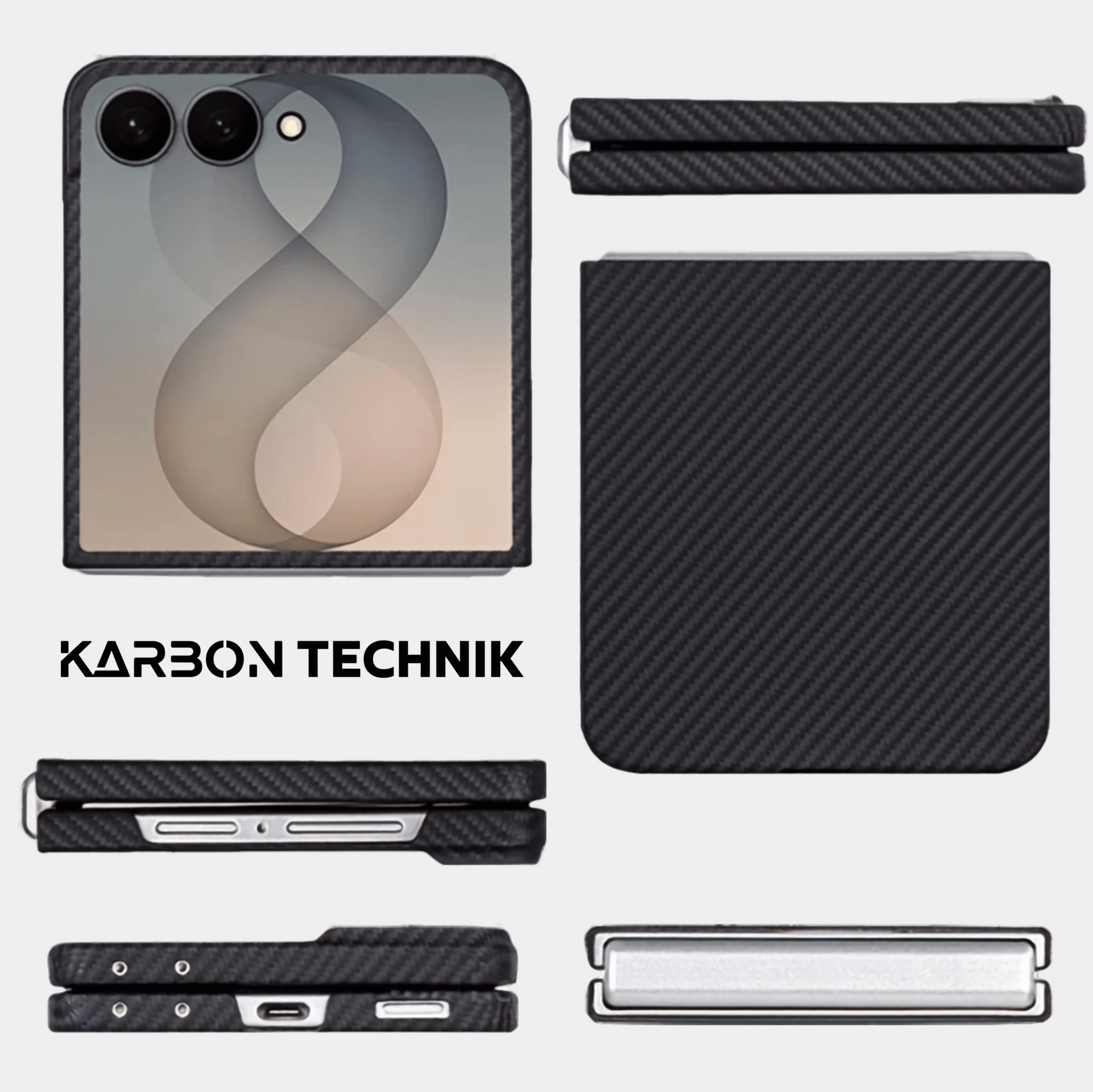 The best black 1500D and 600D aramid fiber protective case for Samsung Galaxy Z Flip 7 and Z Flip 8, shown in folded and unfolded views alongside Karbon Technik - Works with MagSafe' text.