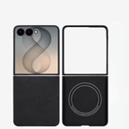 The best black 1500D and 600D aramid fiber protective case for Samsung Galaxy Z Flip 7 and Z Flip 8, shown in folded and unfolded views alongside Karbon Technik - Works with MagSafe' text.