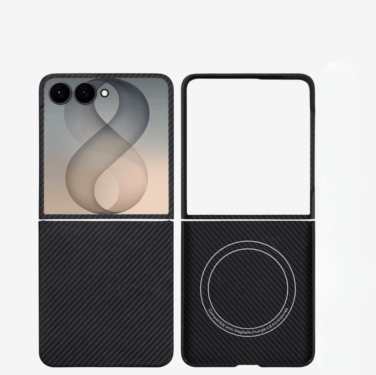 The best black 1500D and 600D aramid fiber protective case for Samsung Galaxy Z Flip 7 and Z Flip 8, shown in folded and unfolded views alongside Karbon Technik - Works with MagSafe' text.