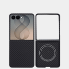 The best black 1500D and 600D aramid fiber protective case for Samsung Galaxy Z Flip 7 and Z Flip 8, shown in folded and unfolded views alongside Karbon Technik - Works with MagSafe' text.