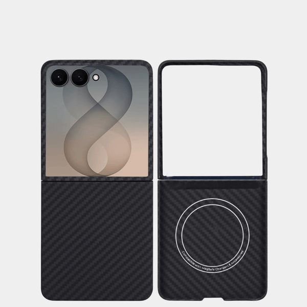 The best black 1500D and 600D aramid fiber protective case for Samsung Galaxy Z Flip 7 and Z Flip 8, shown in folded and unfolded views alongside Karbon Technik - Works with MagSafe' text.