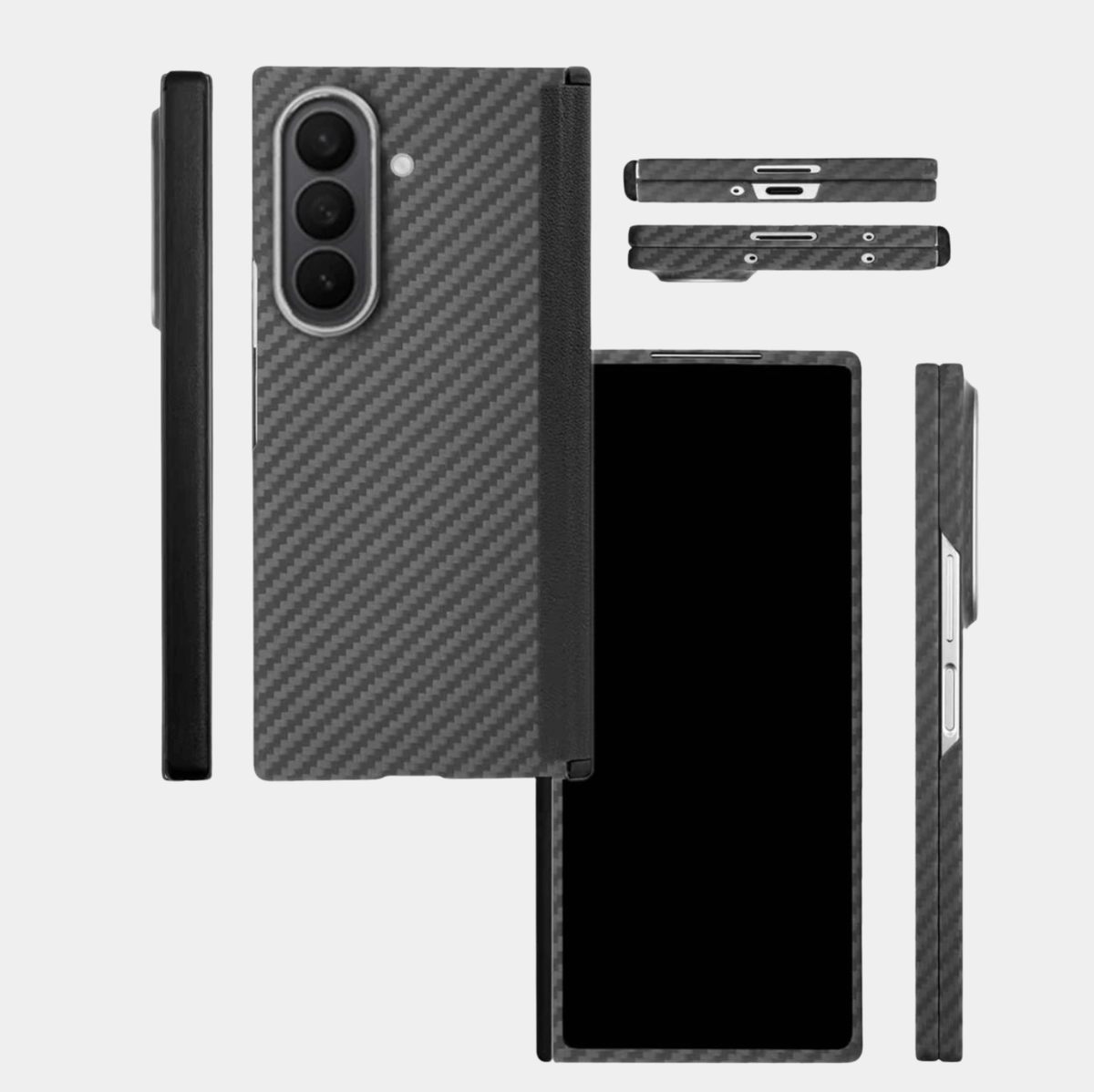 Black 1500D and 600D aramid fiber protective case for Samsung Galaxy Z Fold 7 and Z Fold 8 Ultra, shown partially unfolded on a light gray background.