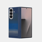 Blue aramid fiber protective case for Samsung Galaxy Z Fold 7 and Z Fold 8 Ultra, shown partially unfolded on a light gray background.