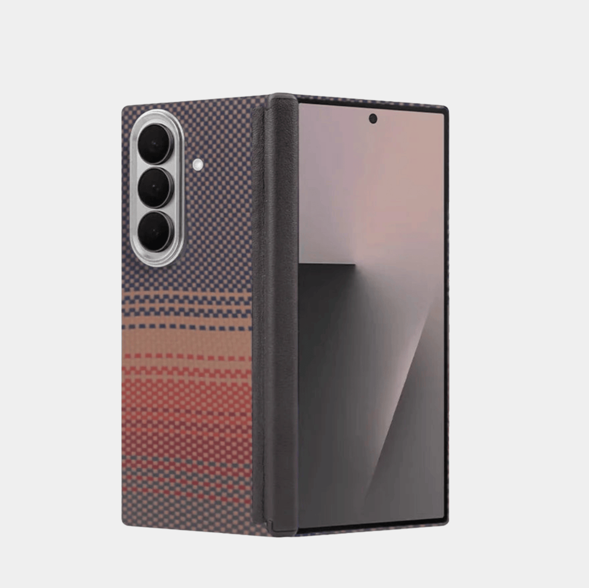 Orange aramid fiber protective case for Samsung Galaxy Z Fold 7 and Z Fold 8 Ultra, shown partially unfolded on a light gray background.